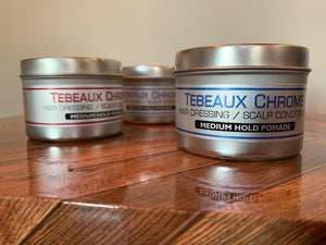 Tebeaux Chrome "all natural" pomade (only sold in quantities of 12, 24, and 48 tins at this time)